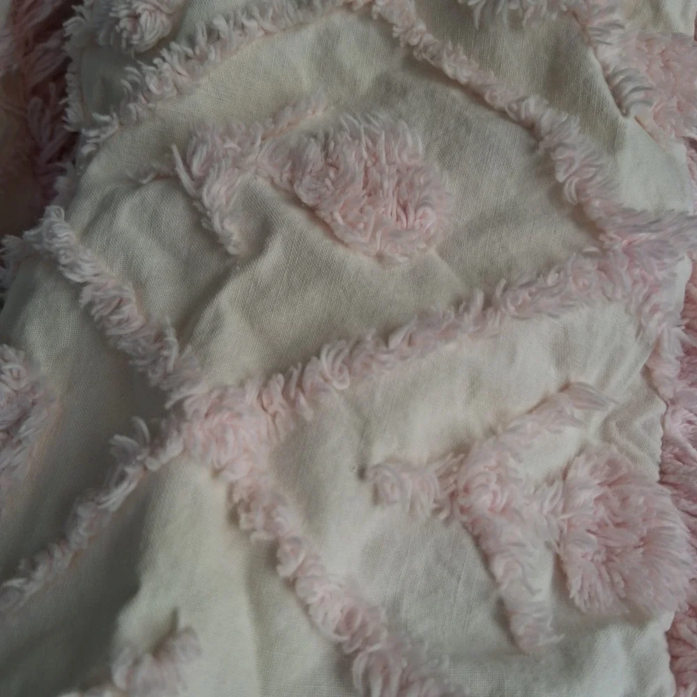Pillow Shams Set of 2 Tufted Chenille Diamond Tassel Pink Cream Cotton